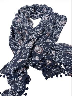 Ann Taylor Navy Floral Scarf with Pom Trim